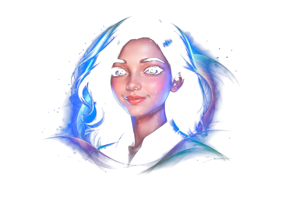Anna, an illustrated character, smiling as she talks on the phone, with ribbons of light around her